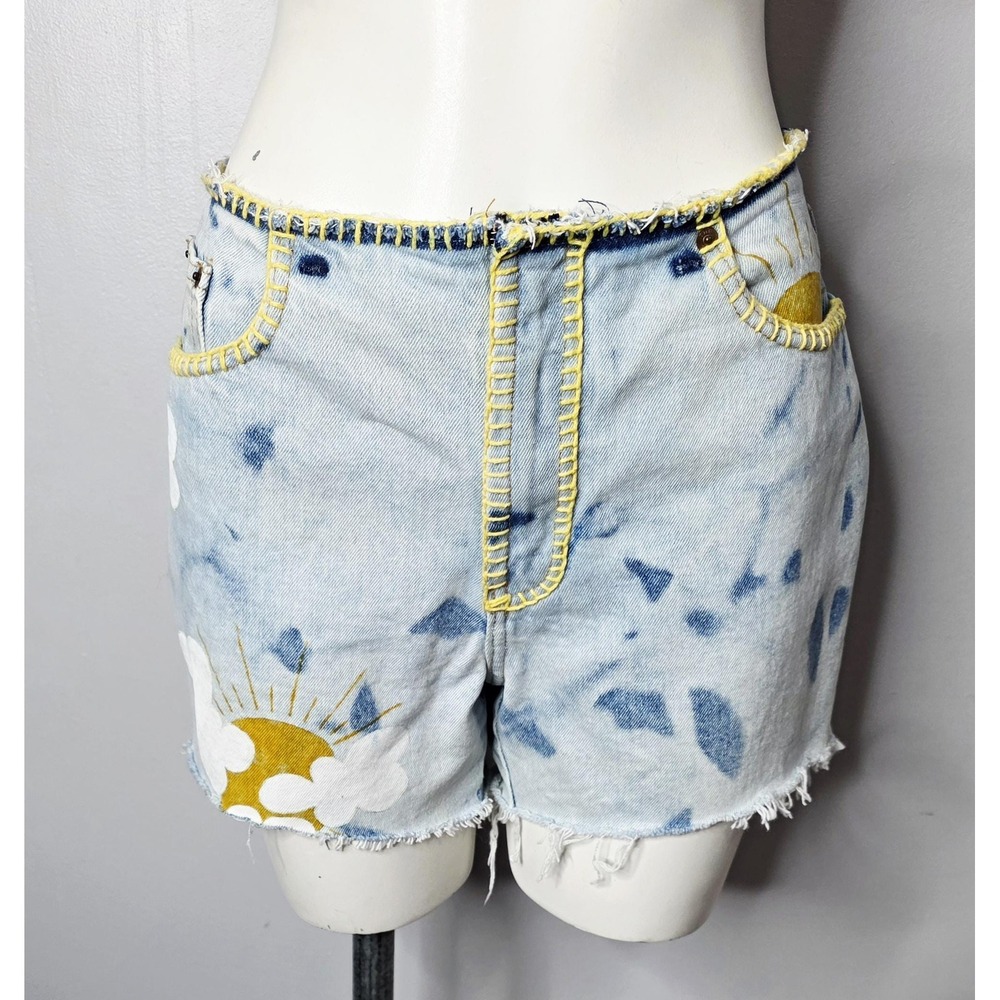 One-of-a-Kind Custom Painted Sun & Cloud Denim Jean Shorts